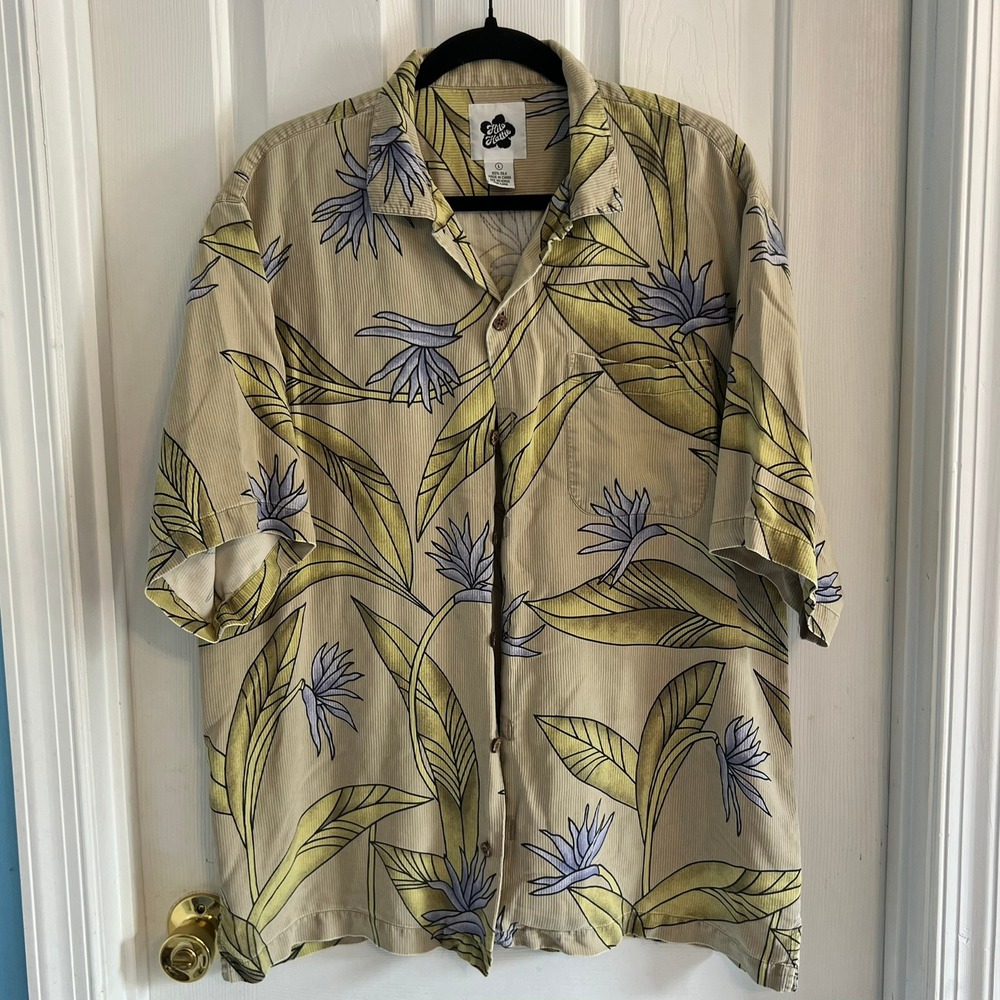 Hilo Hattie Mens L 100% Silk Aloha Shirt Bird of Paradise Floral Tan Corded Silk